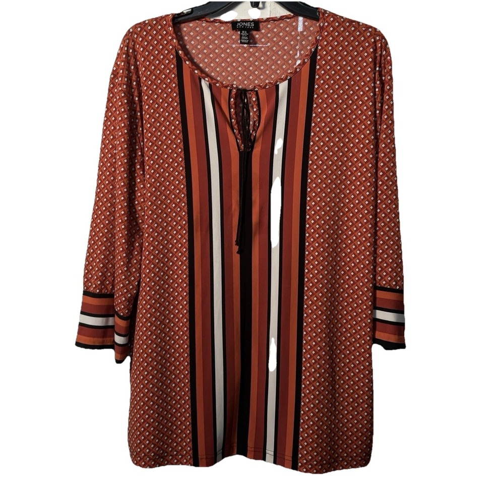 Mod Tunic Geometric Pattern Red Orange Stripe Top Blouse XL 3/4 Sl Tie Retro